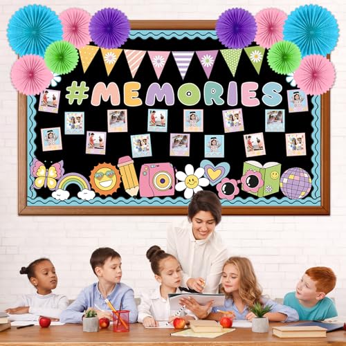 Pastel Groovy End of Year Bulletin Board Set 2026 Graduation Picture Frame Memories Classroom Decoration Paper Fans 3D DIY Hanging Cutouts for First Day of School Classroom Chalkboard Wall Decor - style: Pastel Memories