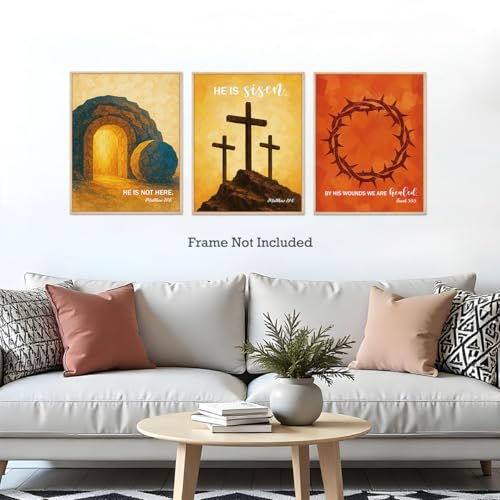 Set of 3 Poster Bible Verse Wall Art,Matthew 28:6 Christian Wall Decor - color: He is not Here He is Risen