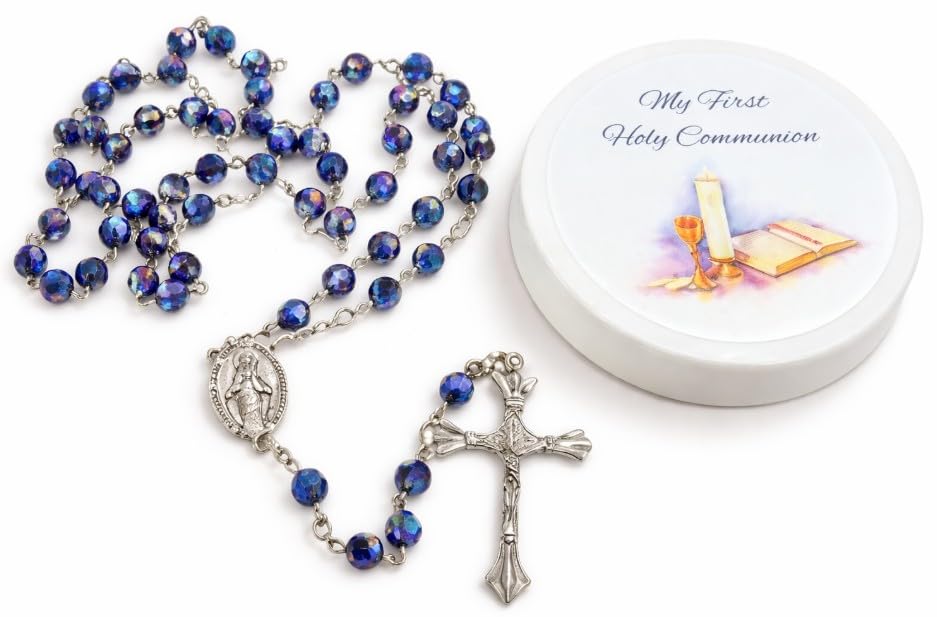 First Holy Communion Blue Faceted Bead Rosary Catholic Gift Keepsake Case
