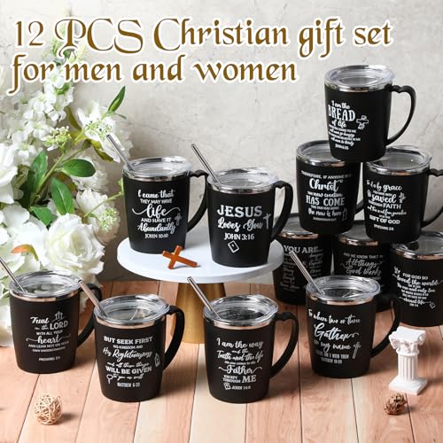 12 Pcs Christian Coffee Mugs with Lid and Straw Bible Verse Father's Day Religious Gifts Tumbler 12 oz Stainless Steel Insulated Inspirational Tumbler for Church Women Men(Black) - color: Black