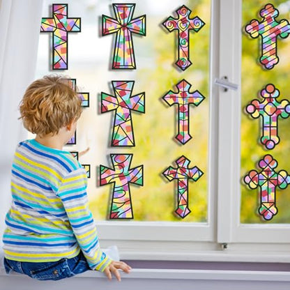 KOPOOEOE 36 Pcs Religious Cross Suncatchers Craft DIY Religious Cross Tissue Paper Arts Crafts for VBS Christian Home Sunday School Classroom Easter Spring Window Art Party Favor Decor