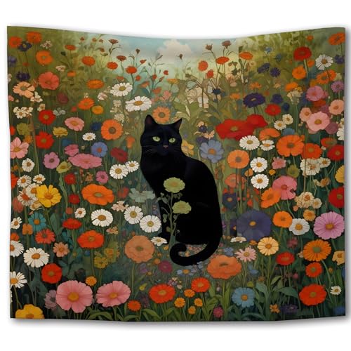Foritho Black Cat Wildflower Tapestry, Floral Field Cat Tapestry Wall Hanging, Cottagecore Flower Botanical Black Kitten Wall Tapestries for Bedroom Living Room Home Decor, 50x60 Inch - color: Color 05
