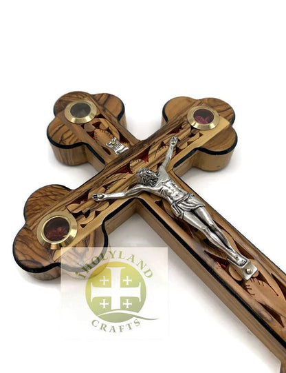 iHoly Land Crafts Mother of Pearl Olive Wood Crucifix Wall Cross, 15" x 10" - size: 15"L x 10"W