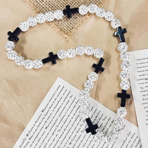 Baseball Bead Cross Necklace for Boys Kids, Elastic Rhinestone Bling Necklace Drip Gifts for Teens Players - color: Black Cross/White