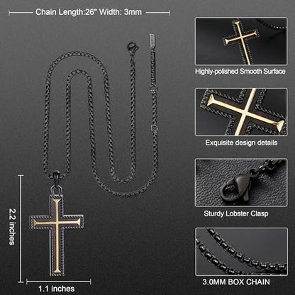 Wooden Cross Necklace for Men With Stainless steel And Black Ebony Adjustable Box Chain 24–26 inches Suitable for Everyday Wear And Christian Gifts for Men - color: Black-C