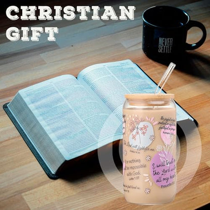 Christian Gifts for Women – 16oz Bible Verse Coffee Mug, Daily Bible Affirmations Glass Tumbler with Straw – Inspirational Religious Coffee Cup for Birthday, Mother’s Day, or Faith Lovers - color: Bible Verse-3