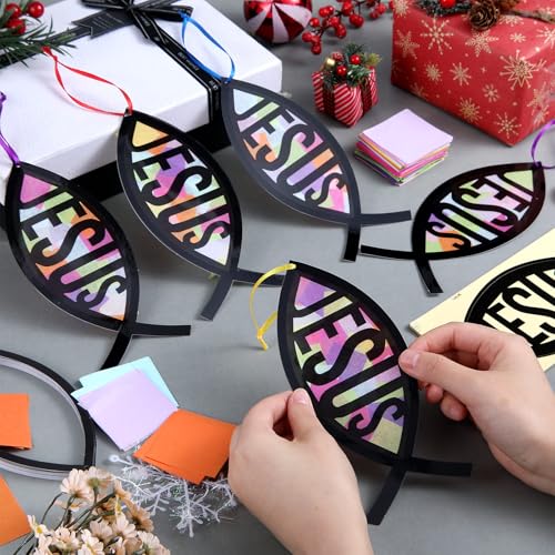 Motipuns 32 Sets Christian Fish Suncatcher Kits for Sunday School VBS Kids - style: Religious Fish