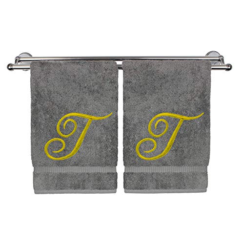 Monogrammed Hand Towel, Personalized Gift, 16 x 30 Inches - Set of 2 - Gold Embroidered Towel - Extra Absorbent 100% Turkish Cotton - Soft Terry Finish - for Bathroom, Kitchen and Spa - Script T Gray - color: Gold on Gray, style: Initial T