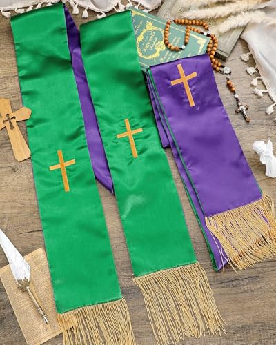 Eurzom 2 Pcs Reversible Clergy Stole with Cross Tassels - color: Green,purple