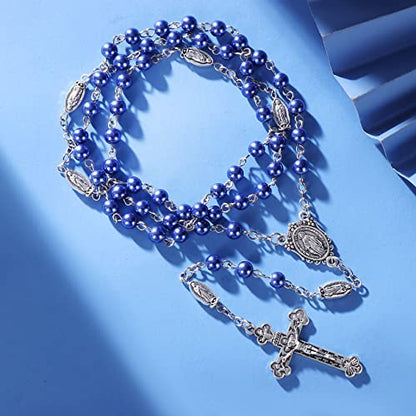 Rnivida Catholic 6MM Beads Rosary Necklace with Jesus Crucifix - color: Deep Blue