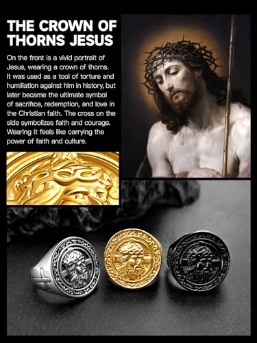 Christian Cross Rings for Men - Stainless Steel Jesus Jewelry with Celtic Knot Sides (Gold/Black/Silver) - Catholic Religious Gift, Size 7-13 - color: G: Gold-Jesus