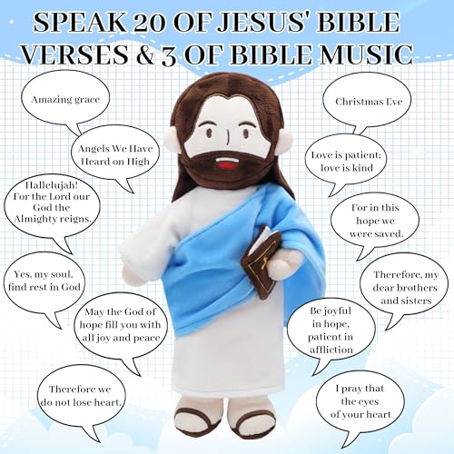 Yelakey Jesus Plush - 13.4“ Voice Jesus Plush Toy Speaking 20 Bible Verses and Singing 3 Bible Songs, Religious Stuffed Doll for Kids, Christian Easter Gift for Church and Sunday School - color: Blue
