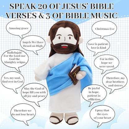 Yelakey Jesus Plush - 13.4“ Voice Jesus Plush Toy Speaking 20 Bible Verses and Singing 3 Bible Songs, Religious Stuffed Doll for Kids, Christian Easter Gift for Church and Sunday School - color: Blue