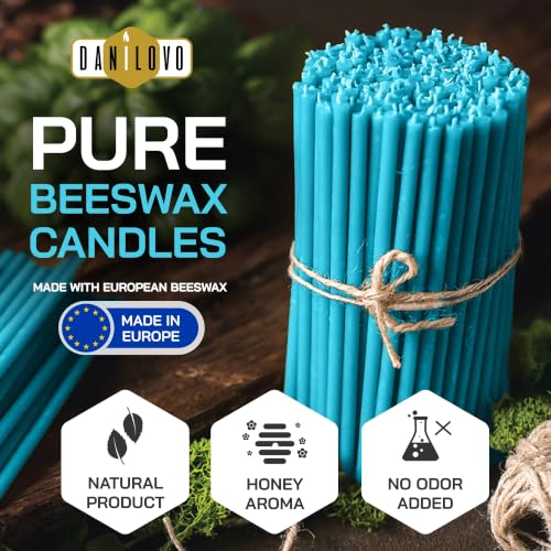 Danilovo Thin Taper Beeswax Candles - Honey-Scented, Decorative Candles Ideal for Birthday Decoration or Church Prayers - Turqoise Drip Free, Tall & Smokeless Pack of 50 pcs, 7.3 x 0.24 inch - color: Turqoise