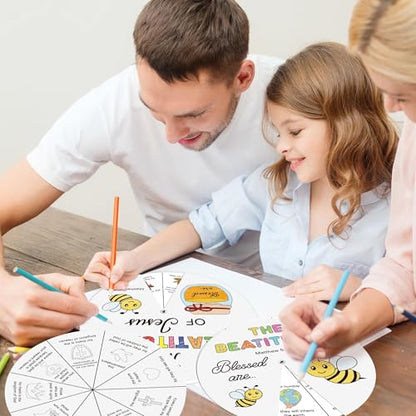 COcnny Religious Coloring Wheel Craft - 24 Sets Beatitudes Christian Craft for Kid, Color Your Own Jesus Art Kit, Biblical Bee DIY Crafts for Sunday School Classroom Church Activities VBS Supplies - style: Beatitudes