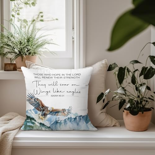 Christian Eagle Pillow Covers 18x18, Bible Verse Mountain Eagle Throw Pillow Cover Decor, Religious Scripture Decorative Pillowcase for Couch Home Bedroom Living Room - color: Eagle