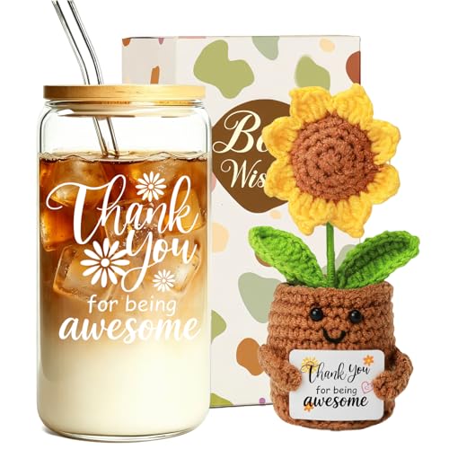 MUJUZE Thank You Gifts for Women, 16 oz Glass Tumbler & Crochet Sunflower - color: Thank You Cup Set