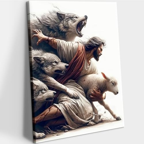Jesus and Lamb Wall Art Jesus Saves the Lost Sheep Christian Picture Wall Decor Shepherd Protect a Lamb from Wolves Painting Poster Print Artwork for Living Room Bedroom Church Decor 8X10 in canvas - color: Jesus01, size: 8"L x 10"W