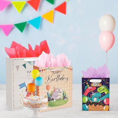 8 Pack Happy Birthday Gift Bags with Handles Tissue Paper Assorted Sizes