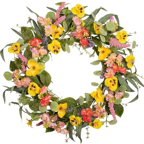 Artificial Spring Summer Wreath with Yellow Pansies, Lavender, Wildflowers & Eucalyptus Leaves - Handmade Floral Wreath for Front Door, Farmhouse, Indoor Outdoor & Home Decor - color: D