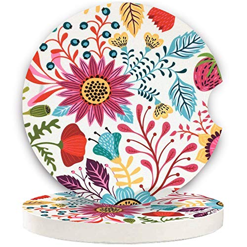 Sunflower Small 2.56" Absorbent Auto Coasters 2 Pack, Ceramic Car Accessories, Absorb Spills to Keep Cupholders Clean - color: Red and White