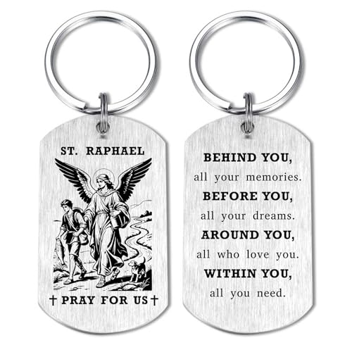 Alotozo St. Raphael Gifts - Saint Raphael Keychain for Mens Women, Patron Saint of Healing Travelers Gifts, Birthday Christmas Gift for Son Daughter Friend