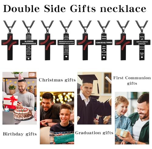 Baseball Cross Necklace for Men, Bible Verse Pendant Gifts for Birthday Christmas, Baptism Christian Religious Baseball Accessories Stuff Gifts - color: Black, style: Always Remember