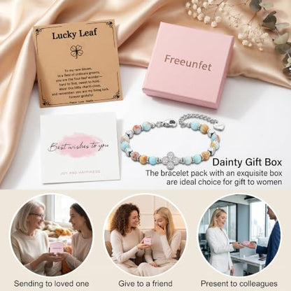 Bracelet for Women Natural Stone Beaded, Stainless Steel Charms, Adjustable - color: 12-Clover