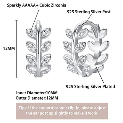 14K Gold Huggie Earrings for Women Silver Huggie Hoop Earrings Cubic Zirconia Huggie Earrings Stud Earrings Lightweight Dainty Hypoallergenic Earrings Jewelry Gifts - color: Silver Olive Leaf CZ Huggie Earrings