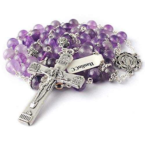 HanlinCC Catholic Rosary Natural Amethyst Stone Beads Necklace for Women