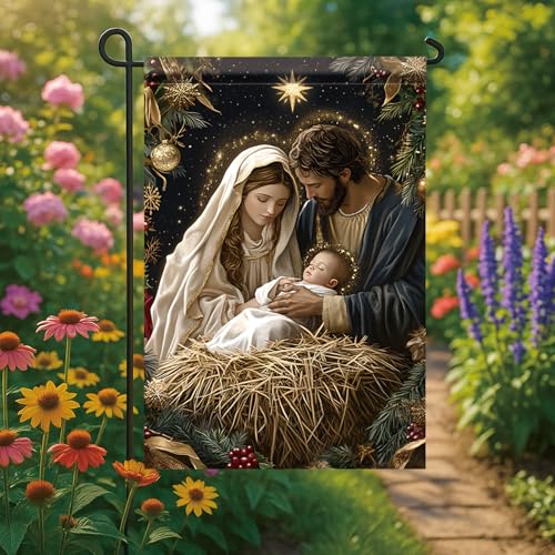 Christmas Garden Flag Holy Family Nativity Scene Jesus Mary Joseph 12x18 Inch Double Sided Outdoor Yard Banner for Religious Christmas Decoration Christian Birth of Christ Decor - color: Jesus Mary