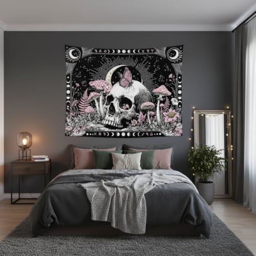 Accnicc Gothic Skull Butterfly Mushroom Tapestry 60 x 44 Inch - color: Pink White, size: 60"L x 44"W
