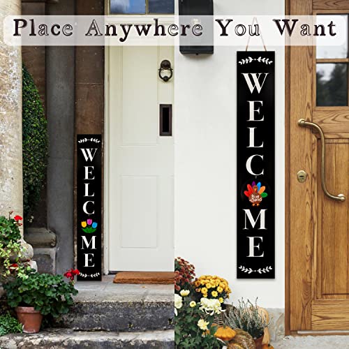 Monjita Welcome Sign for Front Porch Standing, Interchangeable Wooden Sign with 5 Designed Double-Sided Icons for Front Door, All Seasonal Farmhouse Rustic Modern Porch Decor for Fall Harvest - color: Black