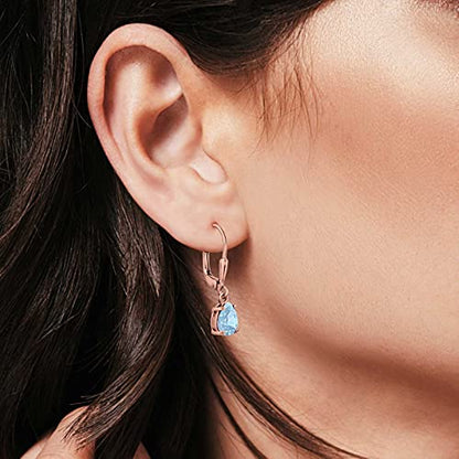 Teardrop Bridal Dangling Leverback Earrings Pear Cubic Zirconia 925 Sterling Silver - color: Rose Tone, Simulated Aquamarine CZ