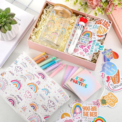 Watersay 64 Pcs Rainbow Inspirational Gifts for Women 16oz Glass Cup with Lid Straw Motivational Canvas Makeup Bag Pens Sticky Notes Stickers Stationery Accessories for Back to School - style: Rainbow