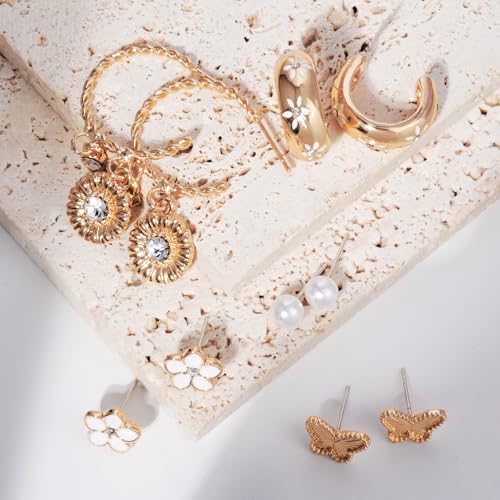 Gold Earrings Set for Women 14K Gold Plated Cubic Zirconia Love Heart Bowknot Clover Fruit Flower Insect Ocean Cross Huggie Hoop Earrings Stud Earrings Set for Multiple Piercing Party Jewelry Gifts - style: Flower Butterfly