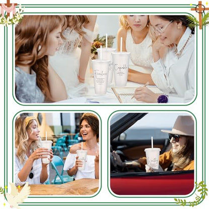 Engrowtic 12 Set Christian Tumblers with Lid Straw 24 oz, White - color: White