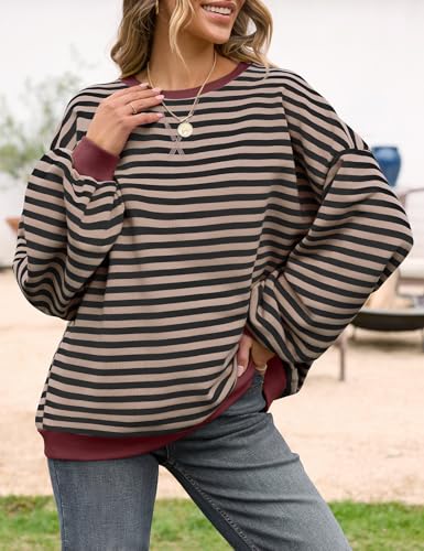 UEU Women Oversized Striped Crewneck Sweatshirt Long Sleeve Casual Pullover - color: Black Coffee Stripe, size: Medium