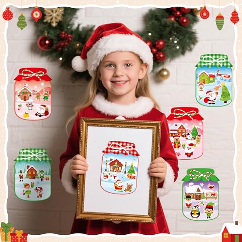 CY2SIDE Christmas Snowy Jar Scene Sticker - 12 Set Red and Green Winter Sticker Art Craft for Kids Holiday Project, Make a Snowy Jar Scene with Gingerbread House Snowman Stickers Games, Christmas Gift - style: Christmas jar