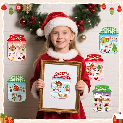 CY2SIDE Christmas Snowy Jar Scene Sticker - 12 Set Red and Green Winter Sticker Art Craft for Kids Holiday Project, Make a Snowy Jar Scene with Gingerbread House Snowman Stickers Games, Christmas Gift - style: Christmas jar
