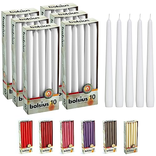 BOLSIUS Long Household White Taper Candles - 10-inch Unscented Premium Quality Wax - 8 Hours Long Burning Dripless Candles Bulk Pack of 60 for Home Decor, Wedding, Parties and Special Occasions - color: White, size: 60 Count