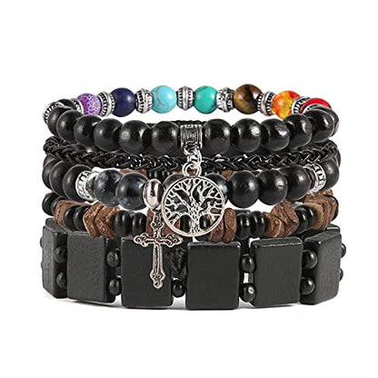 HZMAN Handmade Hemp Cords Wood Beads Leather Bracelets for Men Women - style: Tree of Life