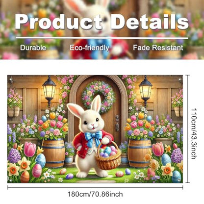 IVN Easter Bunny Banner 71x43 Inch Spring Egg Basket Flowers Front Door - color: Easter Bunny Front Door Spring Floral