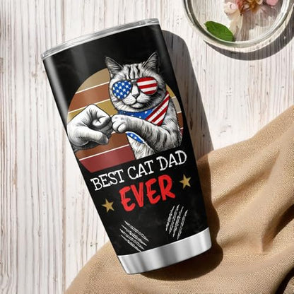 Funny Cat Dad Gift Tumbler for Men with American Sunglasses, Patriotic Fist Bump Design, 20oz Stainless Steel Insulated Travel Mug for Father's Day, Birthday, Cat Lovers - color: Cat Dad G5