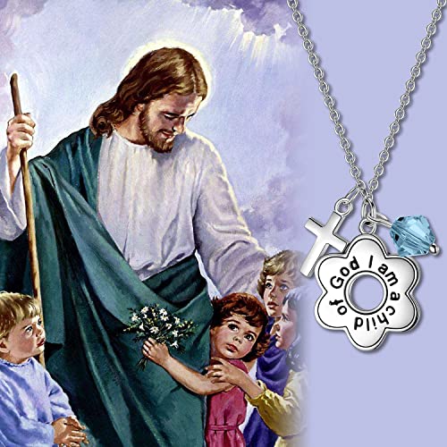 AOBOCO 925 Sterling Silver I Am a Child of God Daisy Necklace Jewelry Birthday Birthday Baptism Communion Gifts for Girls - color: Simulated Aquamarine