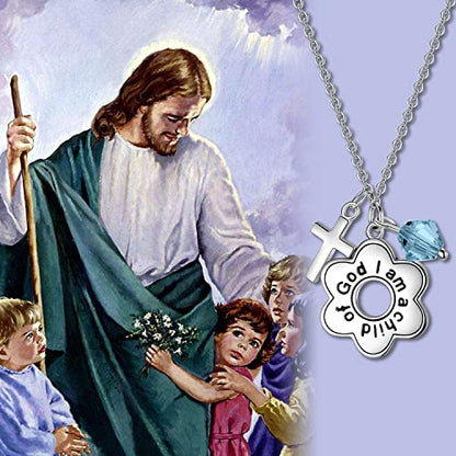 AOBOCO 925 Sterling Silver I Am a Child of God Daisy Necklace Jewelry Birthday Birthday Baptism Communion Gifts for Girls - color: Simulated Aquamarine