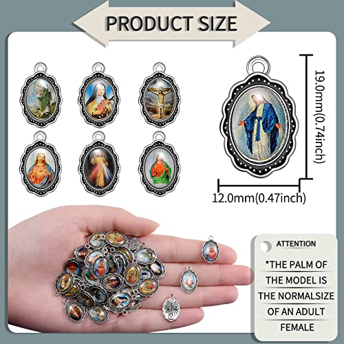 60pcs Mix Picture Enamel Our Lady Miraculous Medal Floral Rosary Centerpiece Cross Jesus Virgin Mary Catholic Alloy Crucifix Charms for Jewelry Making 19mmx12mm (A508)