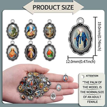 60pcs Mix Picture Enamel Our Lady Miraculous Medal Floral Rosary Centerpiece Cross Jesus Virgin Mary Catholic Alloy Crucifix Charms for Jewelry Making 19mmx12mm (A508)