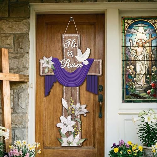 BBTO He Is Risen Easter Door Sign, 31.5 x 15.75 Inches Durable Wooden Religious Cross Hanging Decor Easter Wreaths for Front Door Christian Flowers Lent Hanging Hanger for Farmhouse Front Porch - size: 31.5 x 15.75 inches, style: Cross