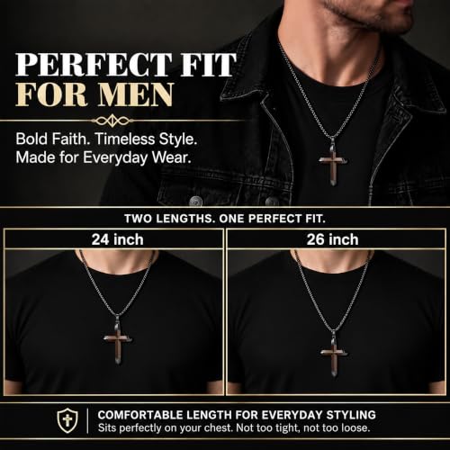 Wooden Cross Necklace for Men with Stainless Steel Adjustable Chain 24-26in, Christian Wood Crucifix Pendant Gift for Him - style: Matthew 19:26